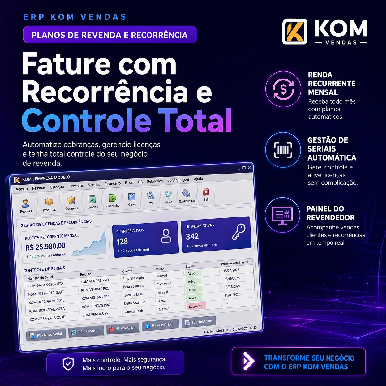 Planos de revenda e recorrência ERP KOM Vendas